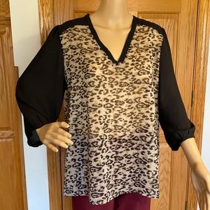 Marietta Hi-lo animal print black and brown semi sheer v neck blouse